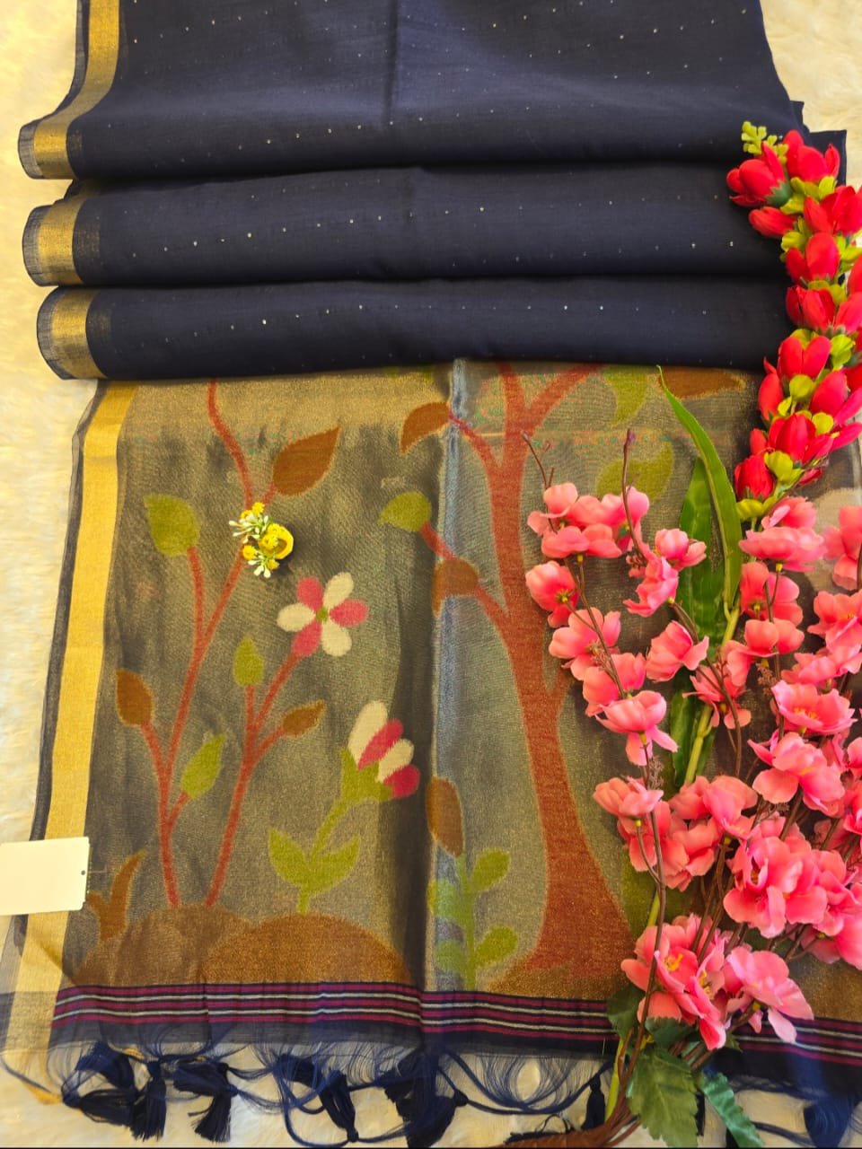 2026/06/1001251047-1.jpg Premium Jamdani Silk Saree with Sequence Work & Chanderi Pallu - Image 1