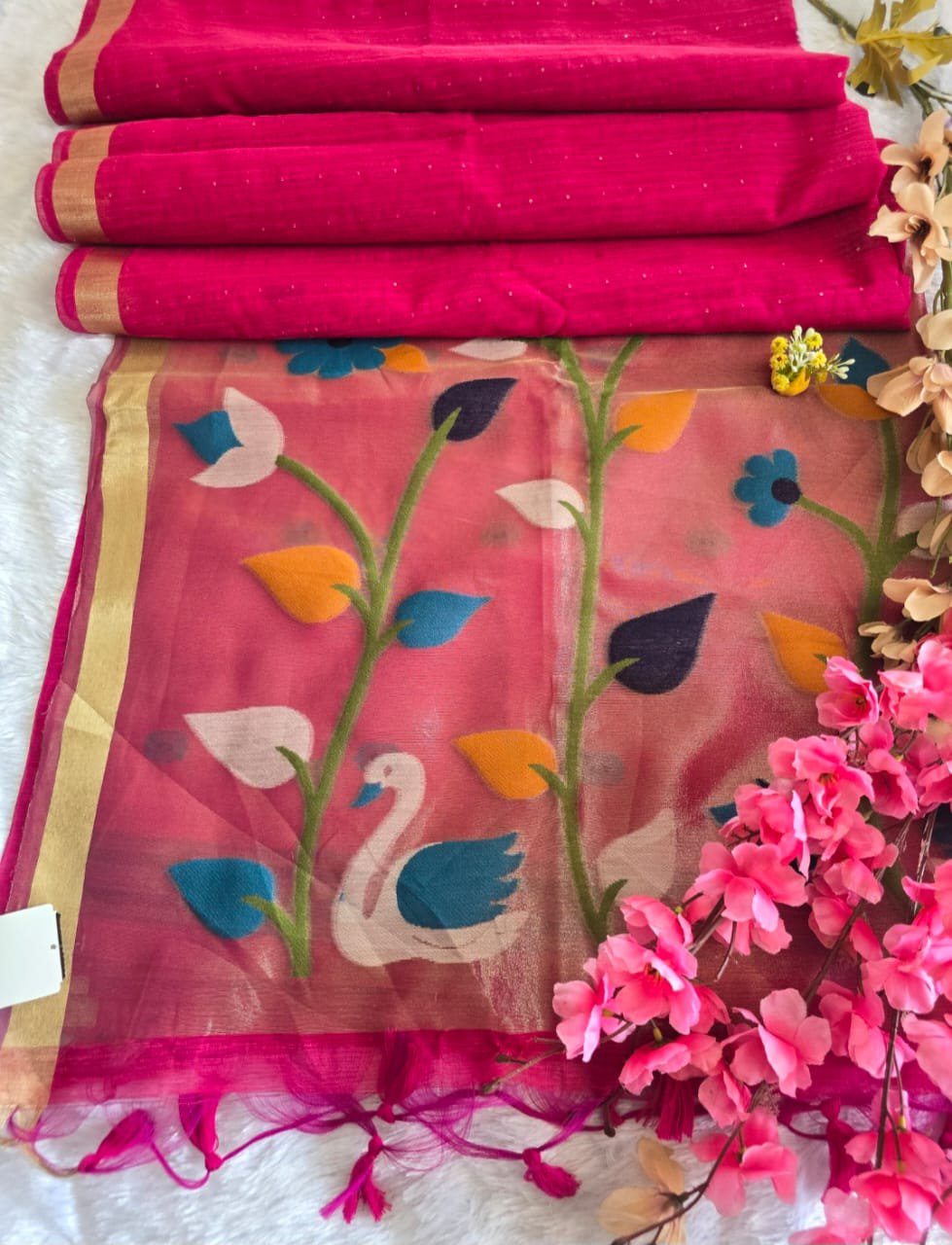 2026/06/1001251048-1.jpg Premium Jamdani Silk Saree with Sequence Work & Chanderi Pallu - Image 1