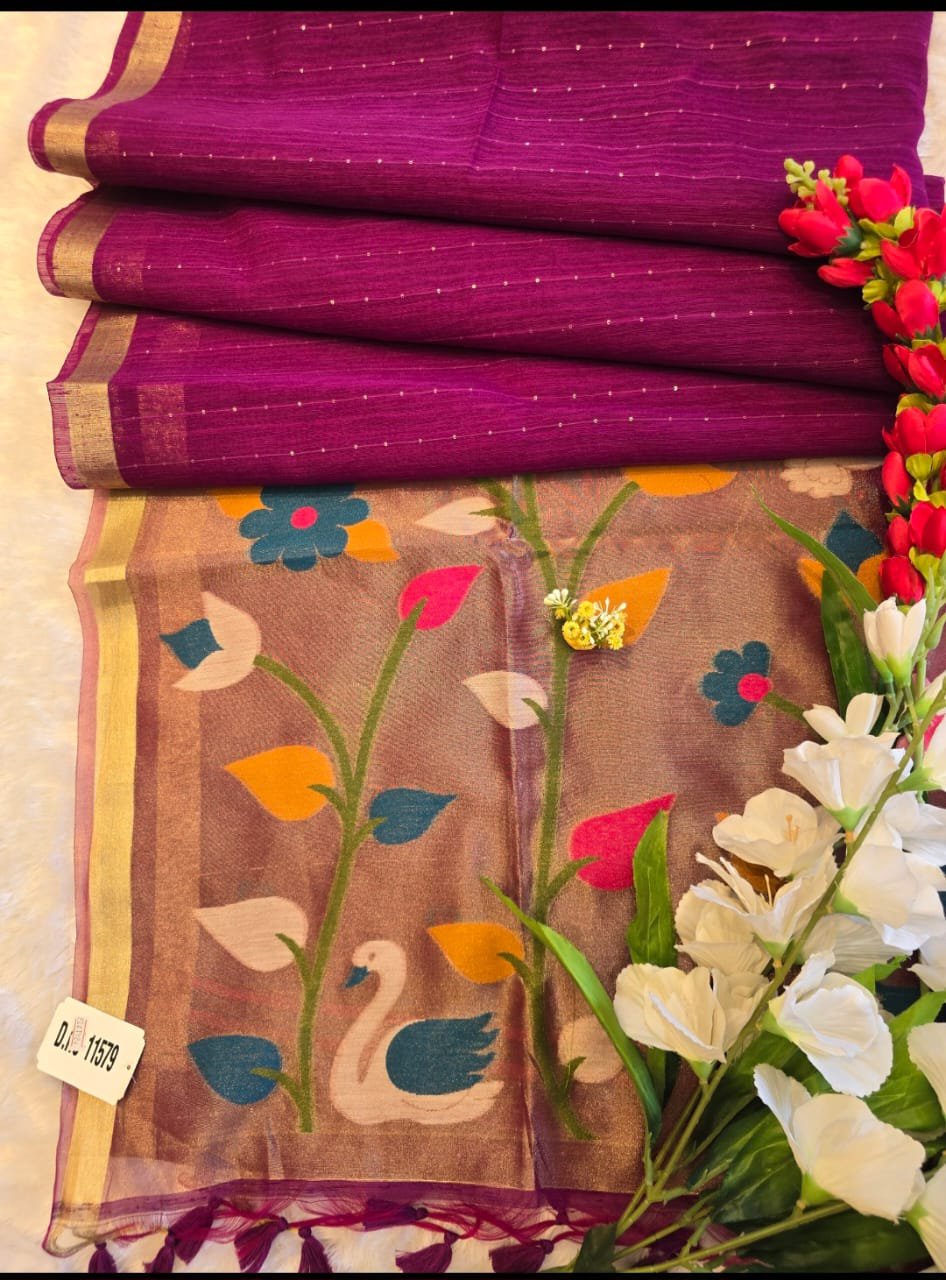 2026/06/1001251050-1.jpg Premium Jamdani Silk Saree with Sequence Work & Chanderi Pallu - Image 1